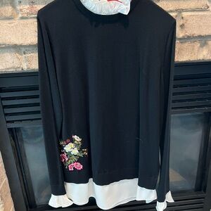 Ted Baker Long Sleeve Sweater Top with White Ruffle Hem and Floral embroidery